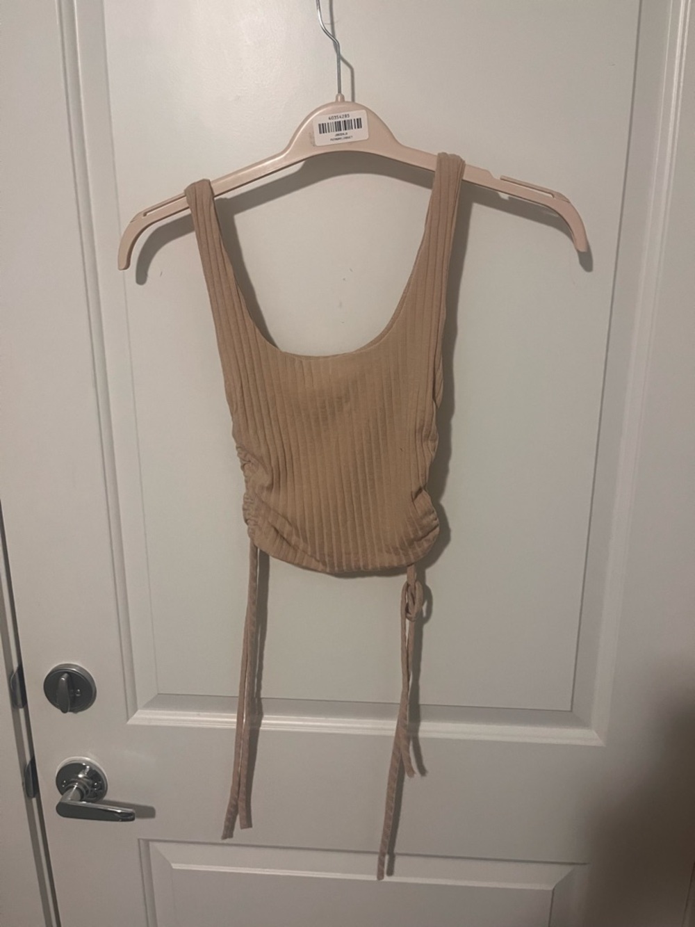 Sleeveless Ribbed Drawstring Crop Top - Tan